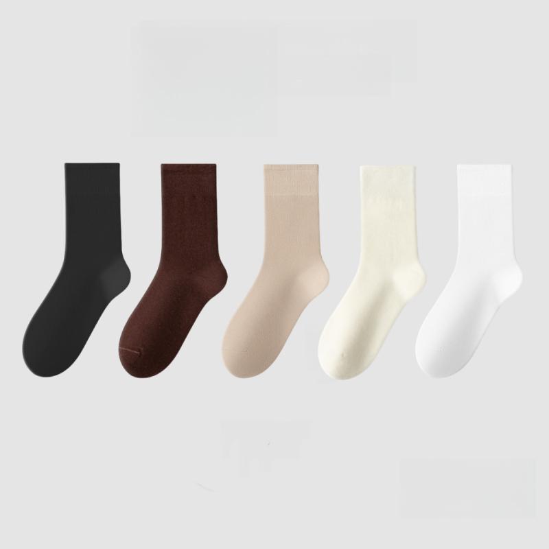 1/5 Pairs Cotton Socks Women Seamless Soft Crew Socks Medium Tube Long Loose Casual Solid Color Anti-Pilling Breathable