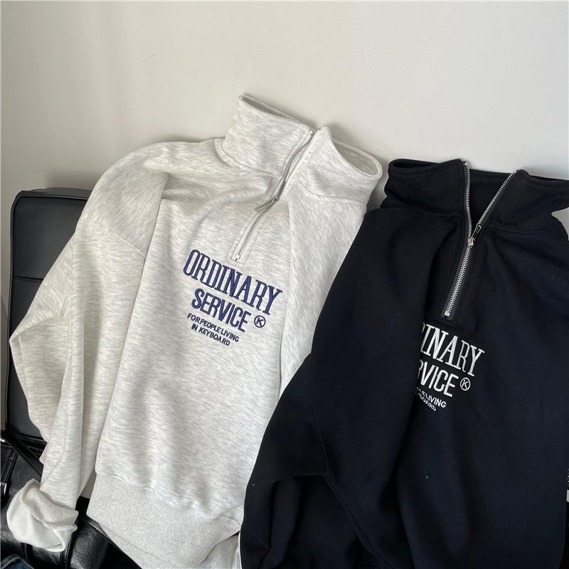 Women's Stand Collar Long Sleeve Sweatshirt Loose Fit Half Zip Pullover Letter Embroidery Casual Top