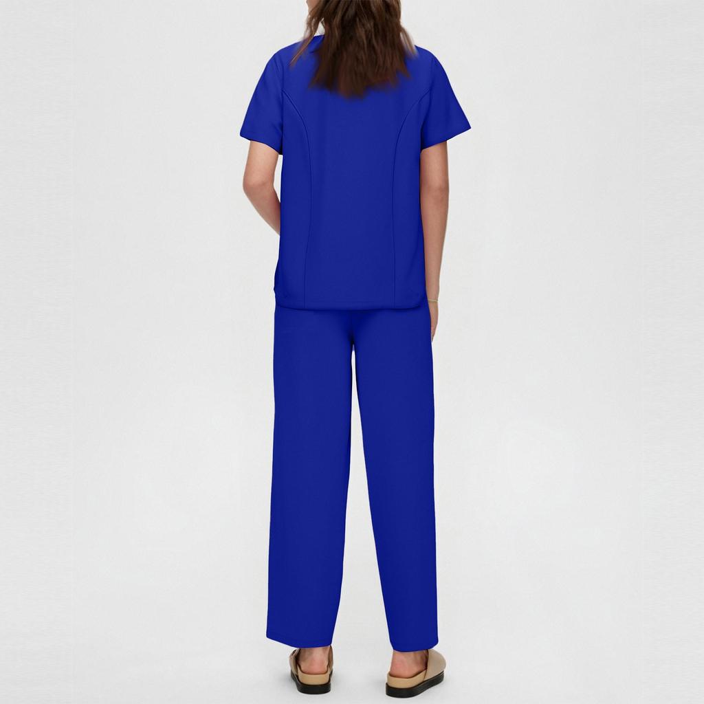 Conjunto de Dos Piezas para Mujer con Mangas Cortas, Color, Cuello en V, Bolsillo, Top y Pantalones, Ropa de Trabajo