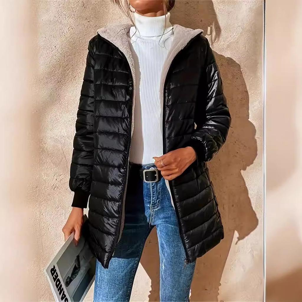 2025 Winter Women's Mid-Length Quilted Parka, Hooded Fleece Lined Loose Fit Thermal Jacket with Zipper, Warm Padded Casual Coat for Cold Weather