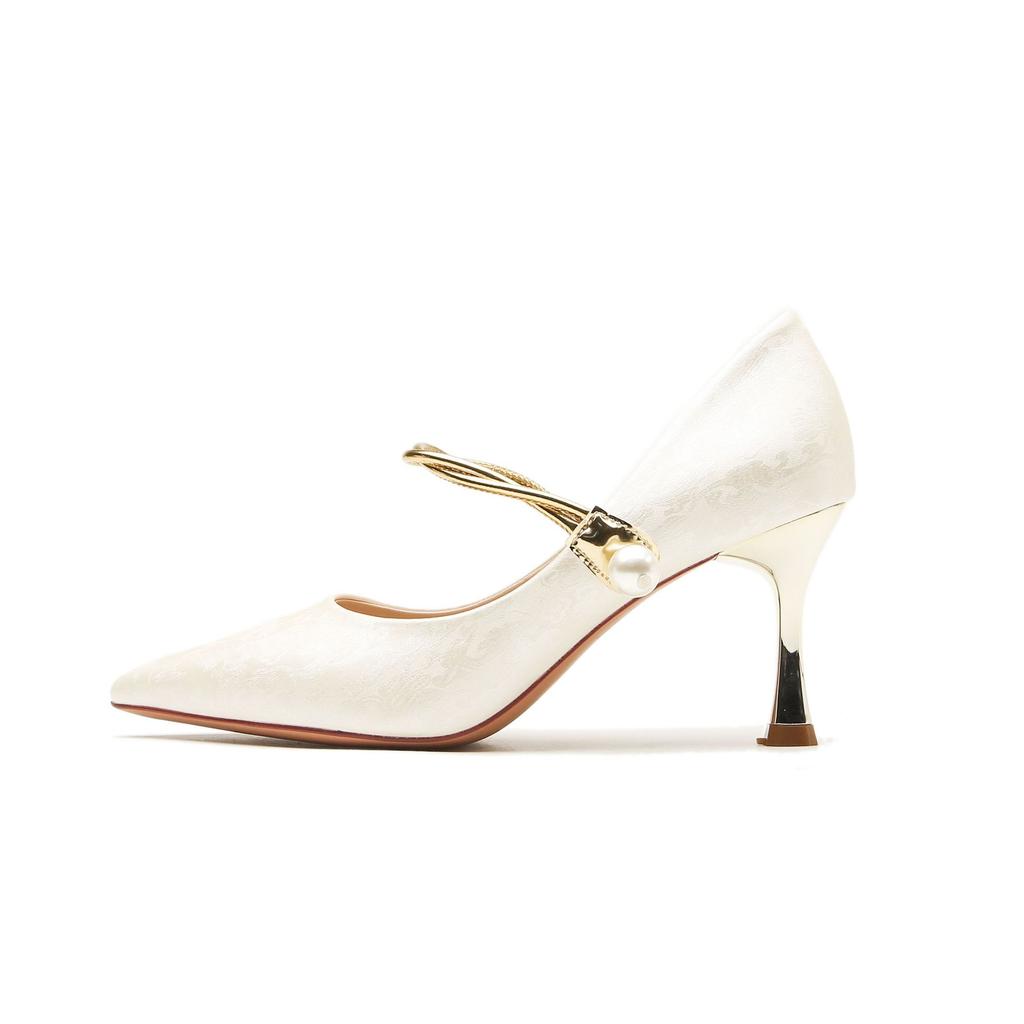 -High heels women's thin heels pointed toe shallow mouth women's shoes single shoes pearl buckle Chinese style banquet shoes
