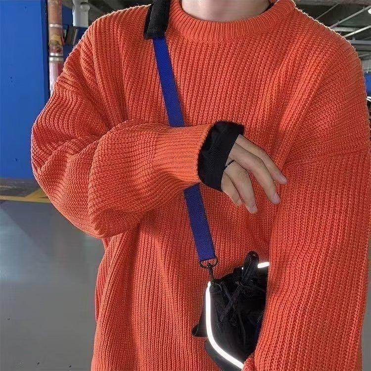 Loose Men's Pullover Knitwear Solid Color Round Neck Winter Base Layer Hong Kong Style Casual Crew Neck Sweater Autumn Winter