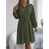 Autumn and Winter Casual Button Lace Waist Long-sleeved Shirt Skirt, Elegant Temperament Ladies Long-sleeved Dress Commuter All-match