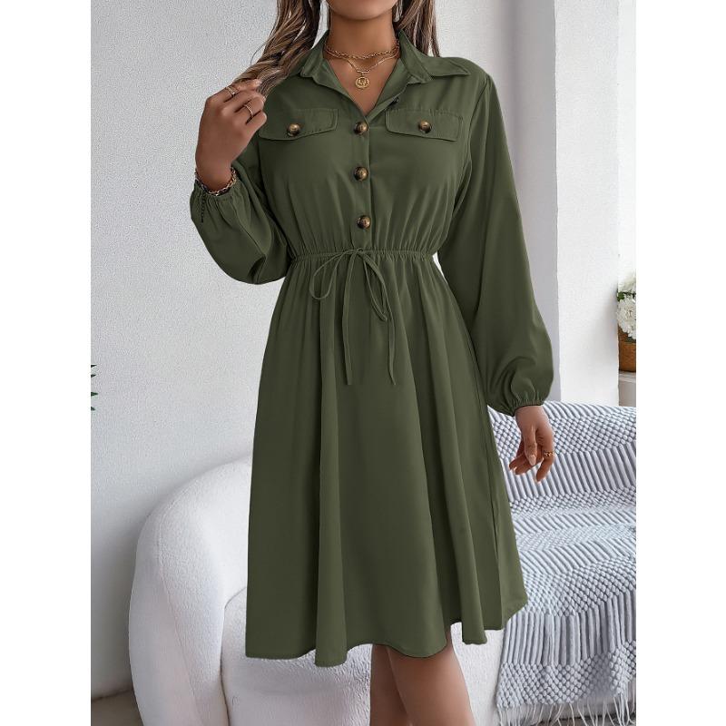 Autumn and Winter Casual Button Lace Waist Long-sleeved Shirt Skirt, Elegant Temperament Ladies Long-sleeved Dress Commuter All-match