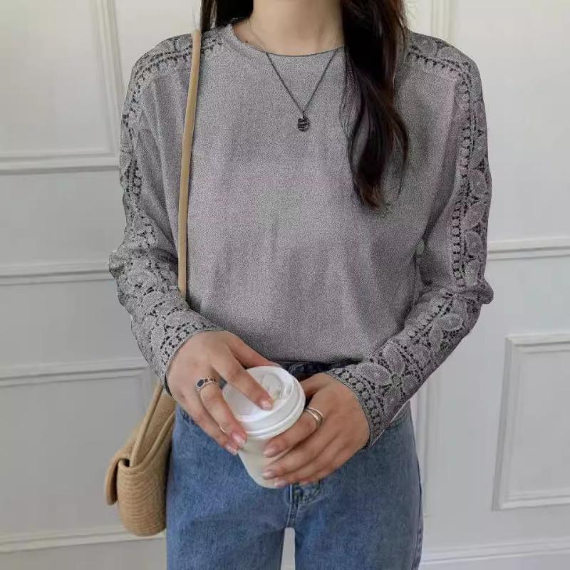 Dobrej Jakości Jesienno-Zimowy Japoński Koreański Jednolity Kolor Koronkowy Pulower Okrągły Dekolt Luźny T-shirt z Długim Rękawem dla Kobiet