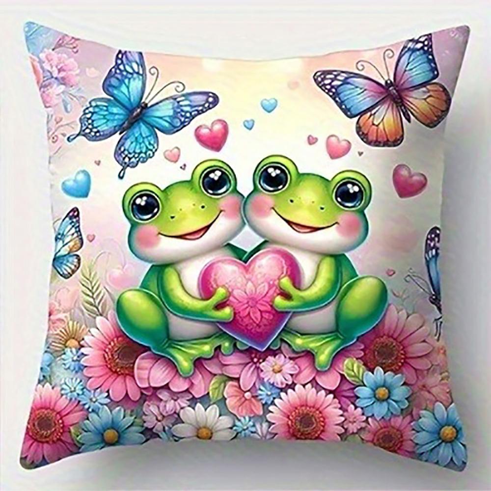 Frog Reading Book Among FlowersSuitable for Sofa Car Bedroom Decorative Cushion Cover Pillow Cover