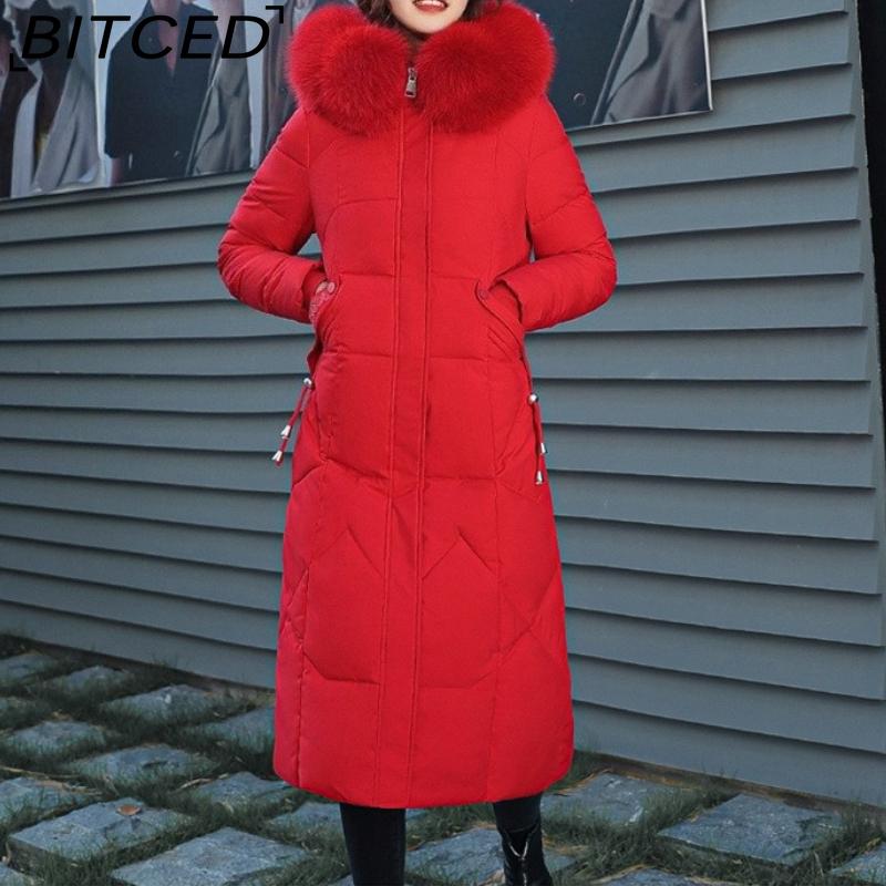 BITCED Winter Fashion Plus Size Cotton Coat for Women Long Waist-cinched Knee-length Thickened Coat with Large Fur Collar