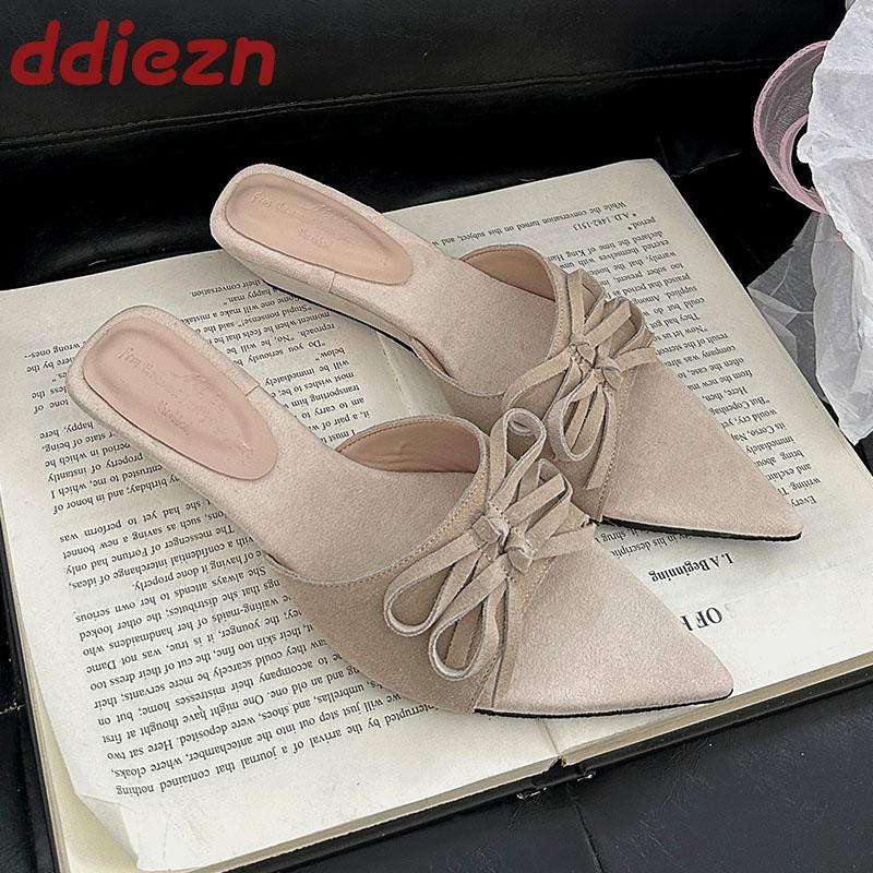 Fashion Female Pointed Toe Ladies Pumps Wedges Shoes Slip On Footwear Shallow Fashion Butterfly-Knot Women Wedges Shoes Slides