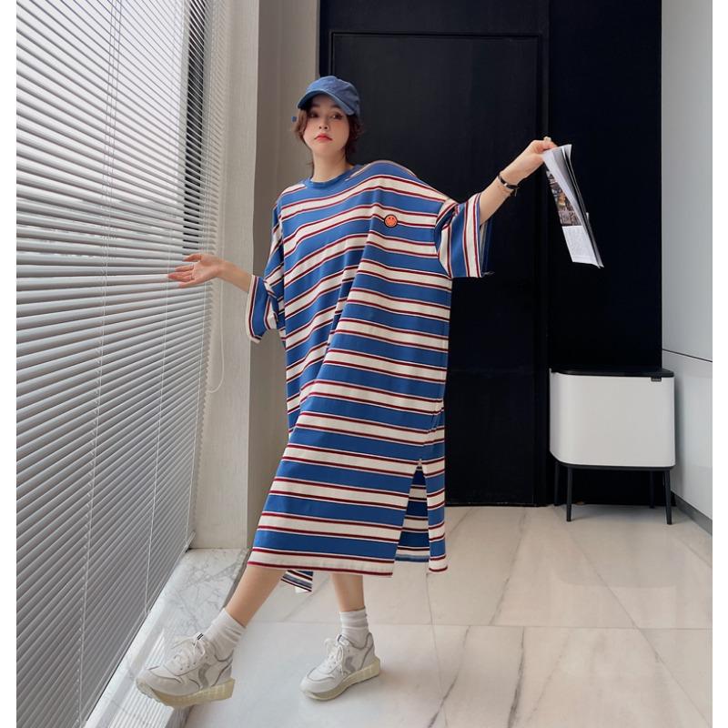 Dimanaf Vestido de Verano Talla Grande para Mujer Suelto Manga Corta Rayas Suaves Casual Básico Sobredimensionado Vestido Largo