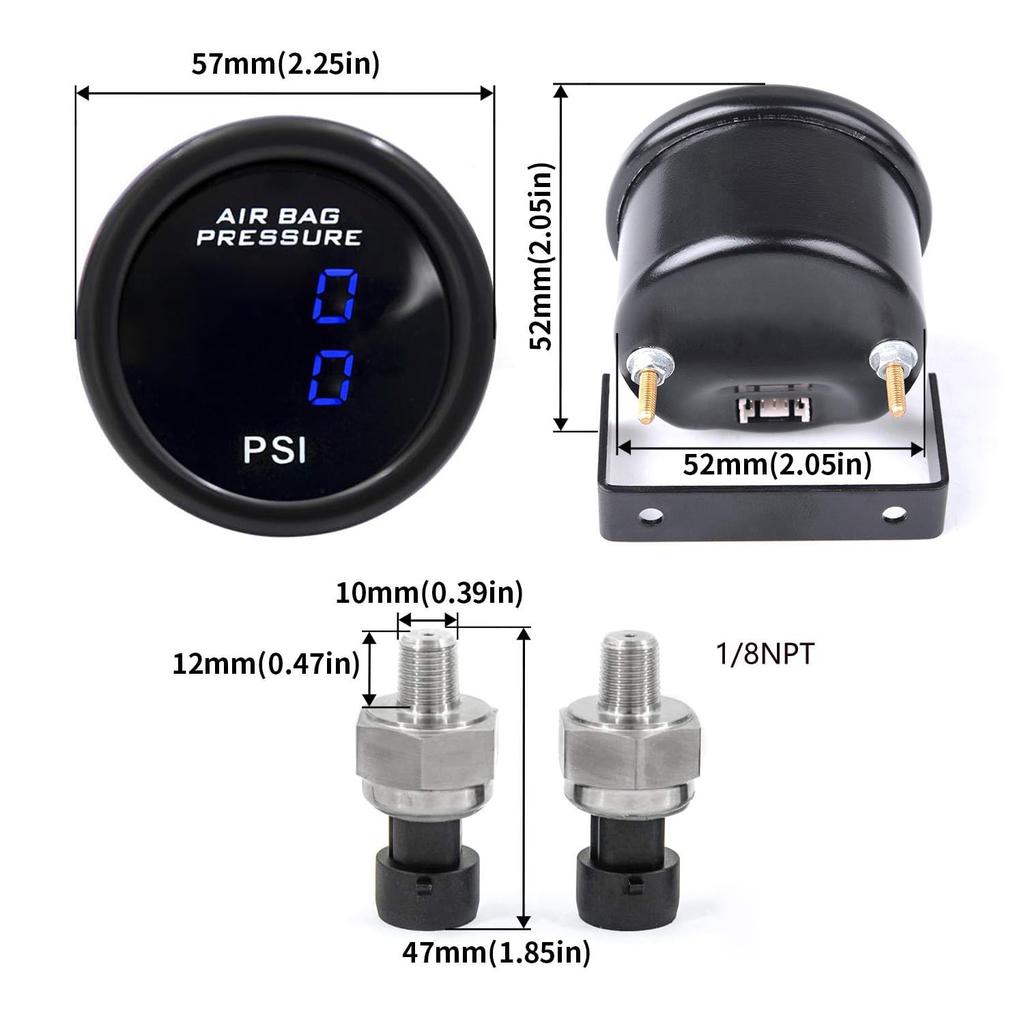 Dual Blue Display Car Air Suspension Gauge 220PSI,2-1/16" 52mm Air Pressure Gauge with 2PCS 1/8NPT Air Pressure Sensor and Bracket for Car & Truck