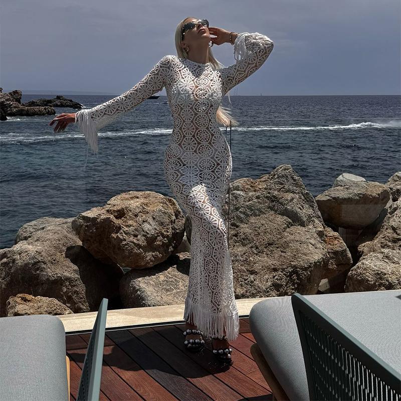 Sexy Tassel Hallow Out Midi Dress Women Solid Long Sleeve O-neck Holiday Slim Dresses Female 2024 Summer Fashion Crochet Robe