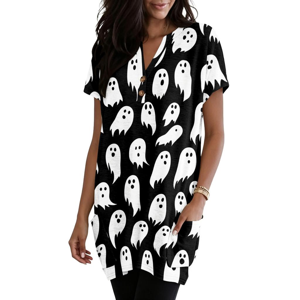 Women's Halloween V-Neck Short Sleeve T-Shirt with Pocket, Pullover Top, Printed Graphic Tee