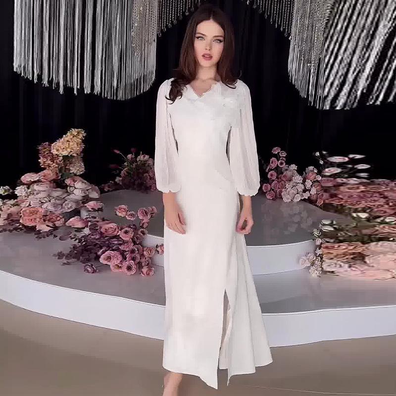 

2024 Осень Легкое Зрелое Однотонное Длинное Платье с 3D Аппликацией Large белый