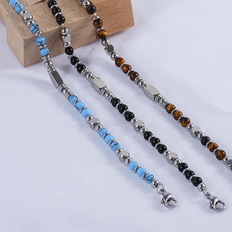 Stainless Steel Natural Stone Bracelet With Obsidian Turquoise Tigers Eye Polished Handmade Fashion Jewelry Men Women