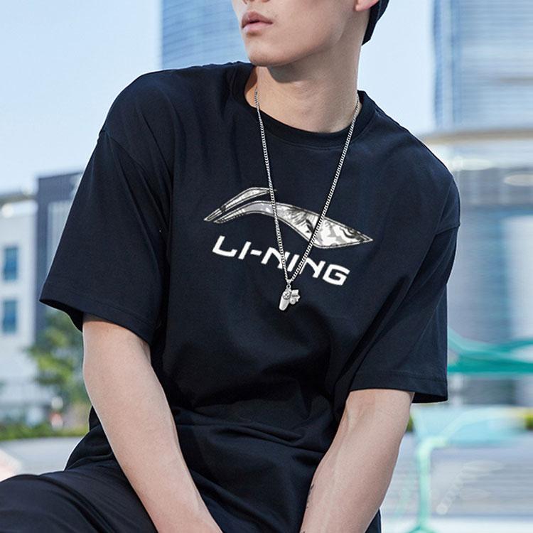 Li-Ning Logo Print Round Neck Short Sleeve T-Shirt Unisex T-Shirts Black ATST633-1