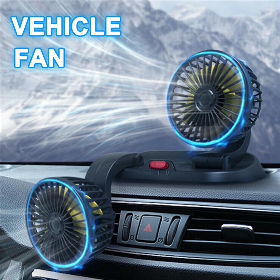 12V Black Car Folding Dual Head Fan 360° Rotatable Auto Cooler Air Fan Low Noise