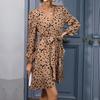 Autumn new retro light and mature style waist v-neck leopard print dress