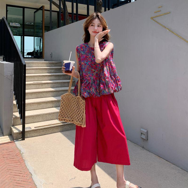 

Rose Red Floral Vest Suit Summer Female 2025 New Arrival Salty Sweet Tea Break Cropped Loose Pants Two-piece Set Rose pink high quality L [63.00kg -70.00kg]]