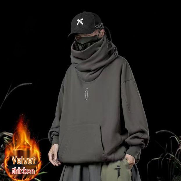 Men's Trendy Motorcycle Hooded Sweatshirt - Spring/Autumn Hip-Hop Style, High Collar, Loose Fit, Available in Light and Plus Velvet Options.
