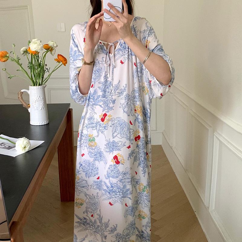 1011 new cotton and silk nightdress women's summer short-sleeved pajamas cartoon pony element long loose cotton silk skirt can be worn outside