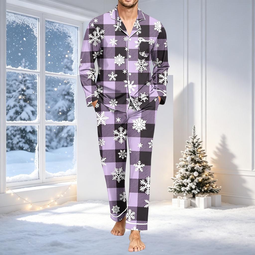 Men's Pajama Set with Long Sleeve Shirt and Pants, Loose Fit Comfortable Sleepwear, Christmas Print