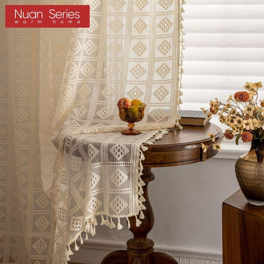 1PC Nuan Series Bohemian Tassel Hollow Sheer Curtain French Retro Translucent Gauze Curtain for Living Room Bedroom Balcony Window Home Decor