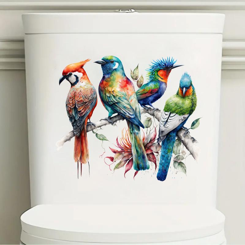 Self-adhesive Hand-painted Bird on Branch Toilet Stickers Waterproof for Bathroom Wall Decor