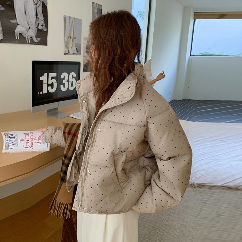 Nischen-Polka-Dot-Daunen-Baumwolljacke für Damen, kurz, Winter, neu, vielseitig, süß, kleine Baumwolljacke