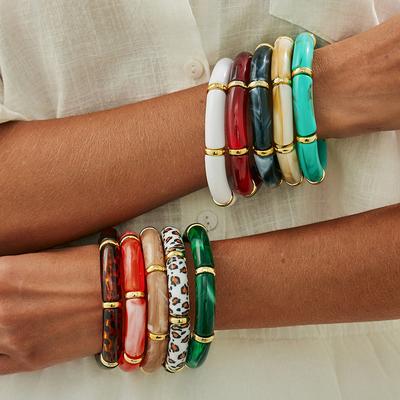 Fashion Style Smudged Resin Elbow Elastic Bracelet, Design Sense Leopard Print Bamboo Bracelet Bracelet