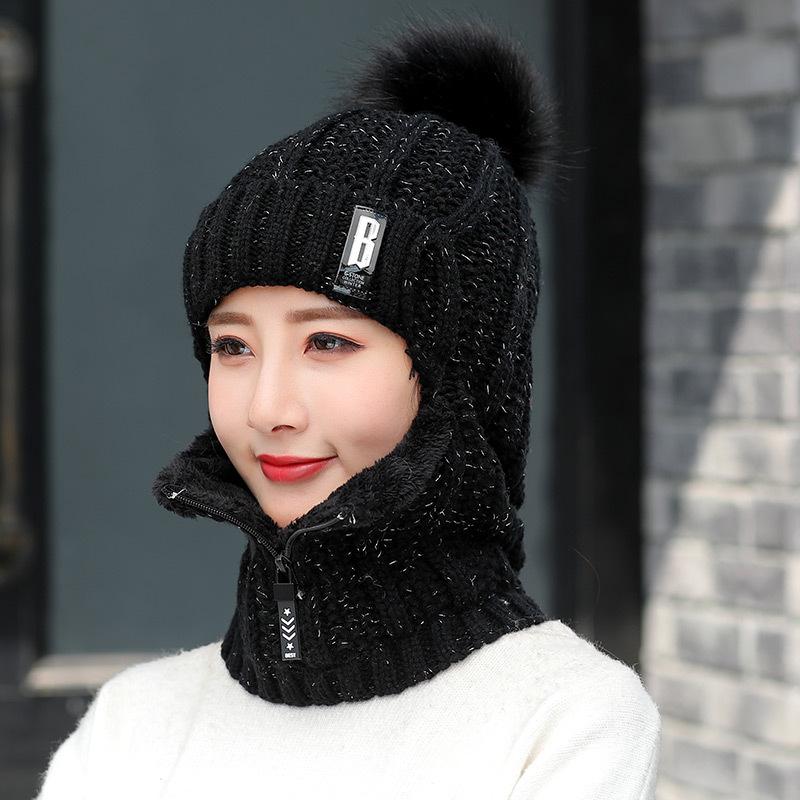 B standard one-piece hat women's winter warm knitted hat, damp velvet cold-proof cycling scarf integrated wool hat