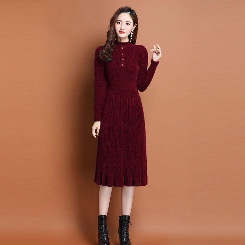 Faux Mink Fur Dress Mid-length Knitted Dress for Women Solid-color Casual Long-sleeved Sweater Autumn and Winter