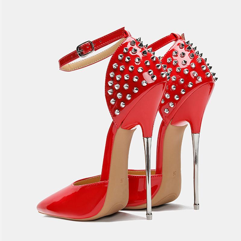 Mode Liyke Sexy Nieten Riemen Damen Pumps Schwarz Lackleder Spitze Zehen Fetisch Super Hohe Absätze Party Stripper Schuhe Größe 46