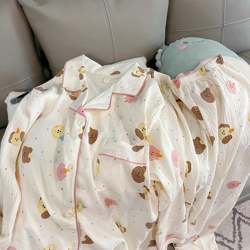 Sweet Cute Dot Dog Cat Print 2 Pieces Women's Pajamas Set Button Lapel Neck Design Women's Sleepwear New Cartoon Kawaii Homewear