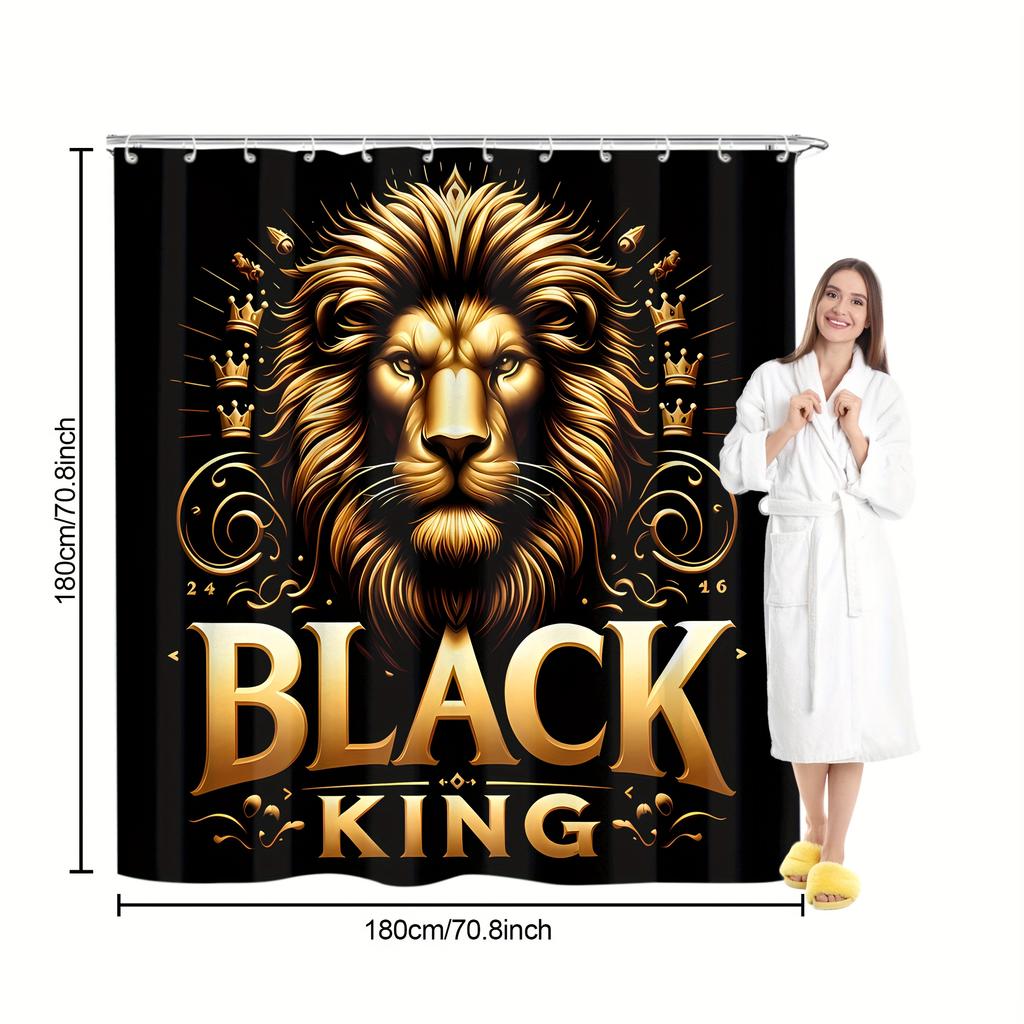 4Pcs Lion Pattern Shower Curtain Set with Non-Slip Bath Mat, Toilet Lid Cover, Contour Rug & 12 Hooks, Bathroom Decor