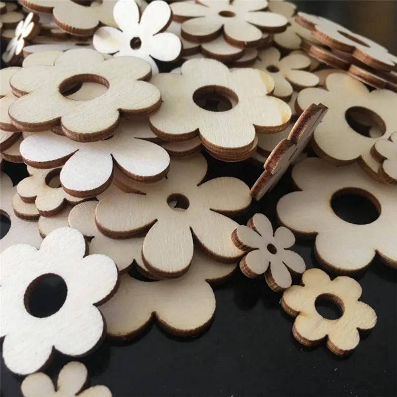 ABBY-100Pcs Wooden Flowers Ornaments With Hole Handmade Wooden Crafts Accessories Parts For Scrapbook DIY Home Decoration