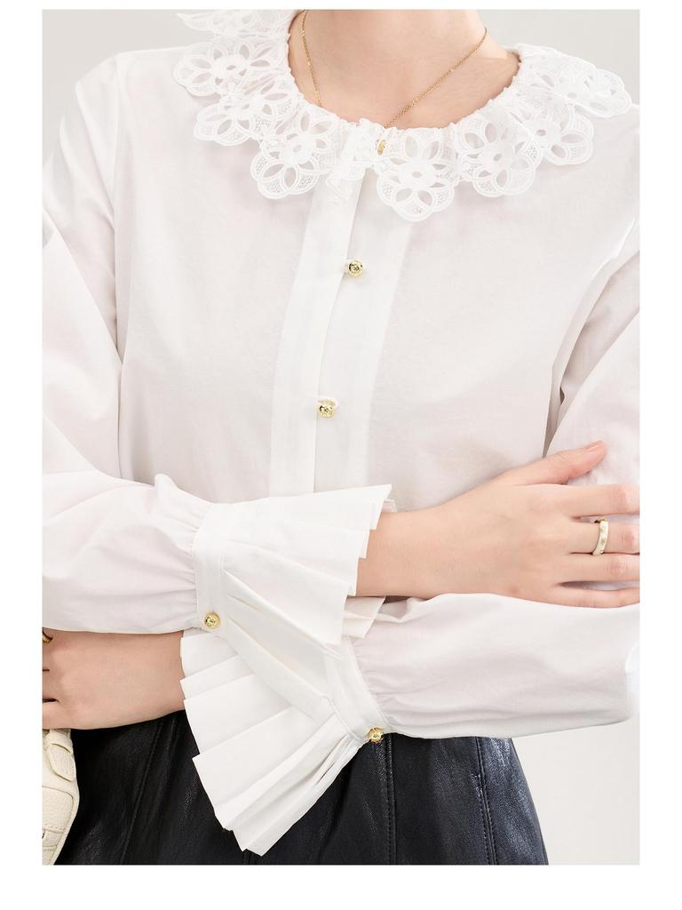 Anti-Wrinkle French Style Lace-Embroidered White Cotton Shirt