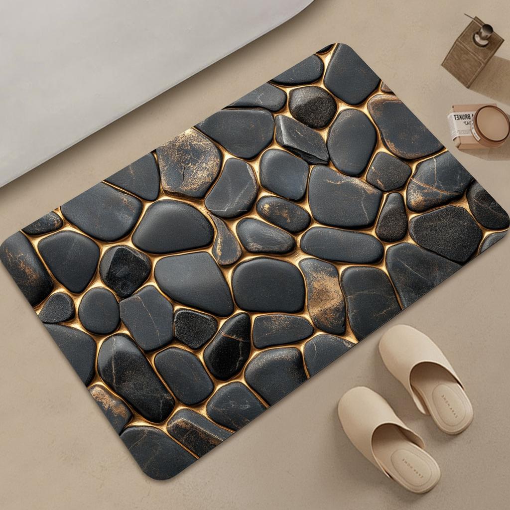 3D Pebble Pattern Carpet Mat Black Gold Stone Design Anti Slip Floor Carpet Suitable for Living Room Bedroom and Home Decoration