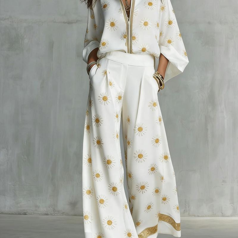 1116 New European and American Style Fashion Luxury Black Gold Baroque Print Nine-quarter Sleeve Wide-leg Pants Set Women's Two-piece Set