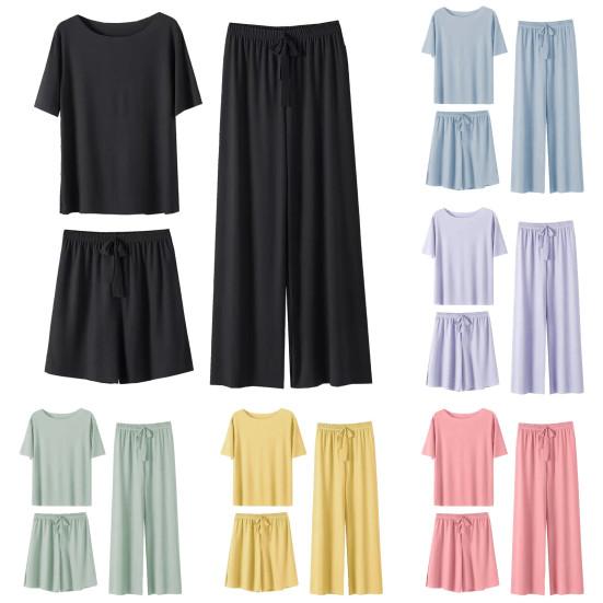 3 Teile/satz Frauen Sommer Pyjamas Set O Hals Kurzarm T-shirt Elastische Taille Shorts Breite Bein Falten Hosen Dame Loungewear Nachtwäsche Set Homewear Top