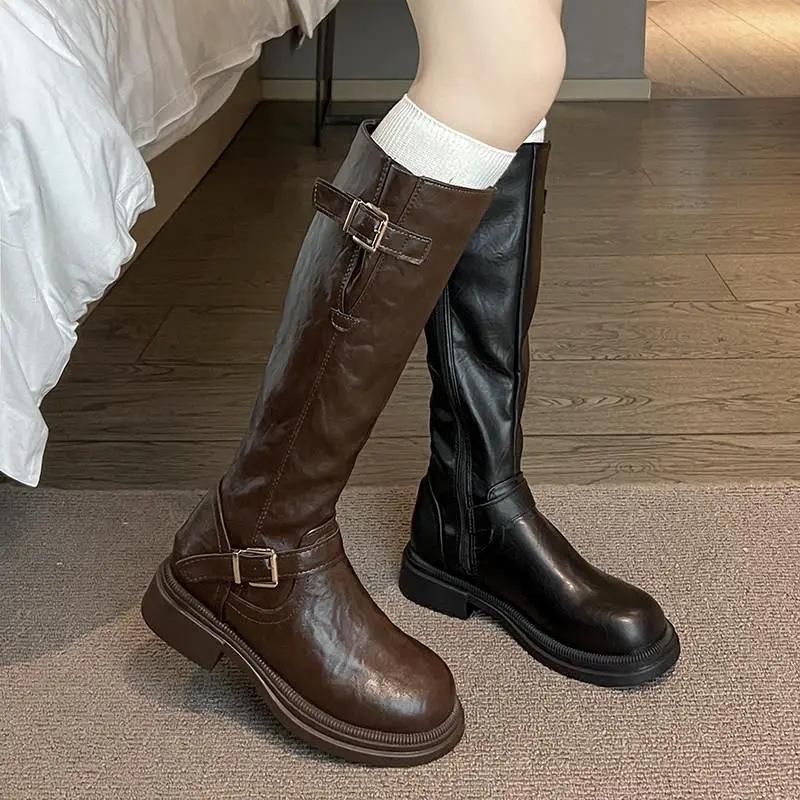 Autumn and winter new retro belt buckle knight boots women's round head thick heel thin long boots versatile tall women's boots