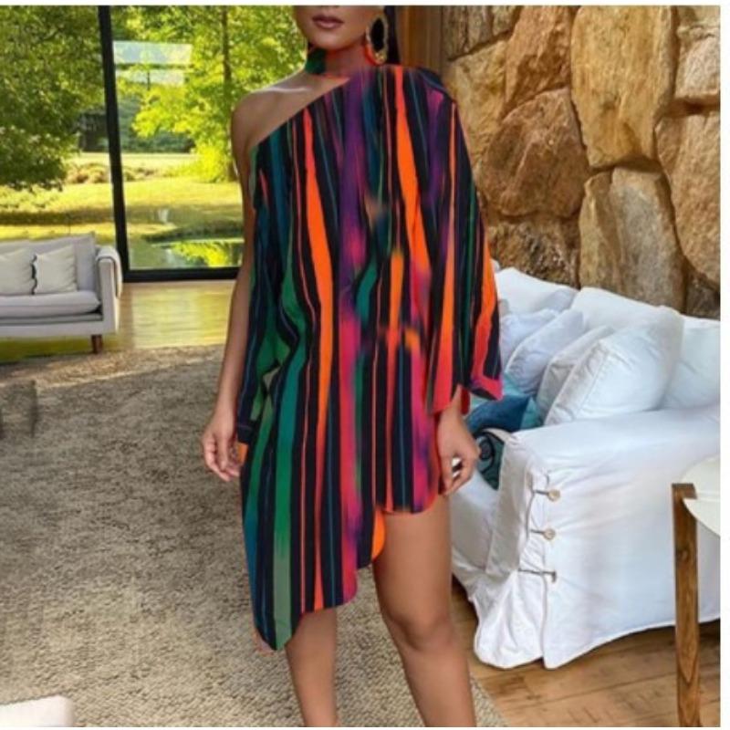 Sexy Ruffled Print One-sleeved Off-the-shoulder Dress