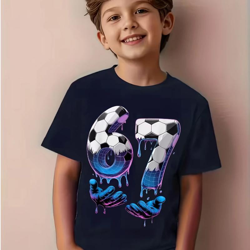 Soccer T-Shirt, Spring/Summer Comfortable Casual Crew Neck, Breathable, Casual Style, Crew Neck, Perfect for Kids, Printed Pattern 100