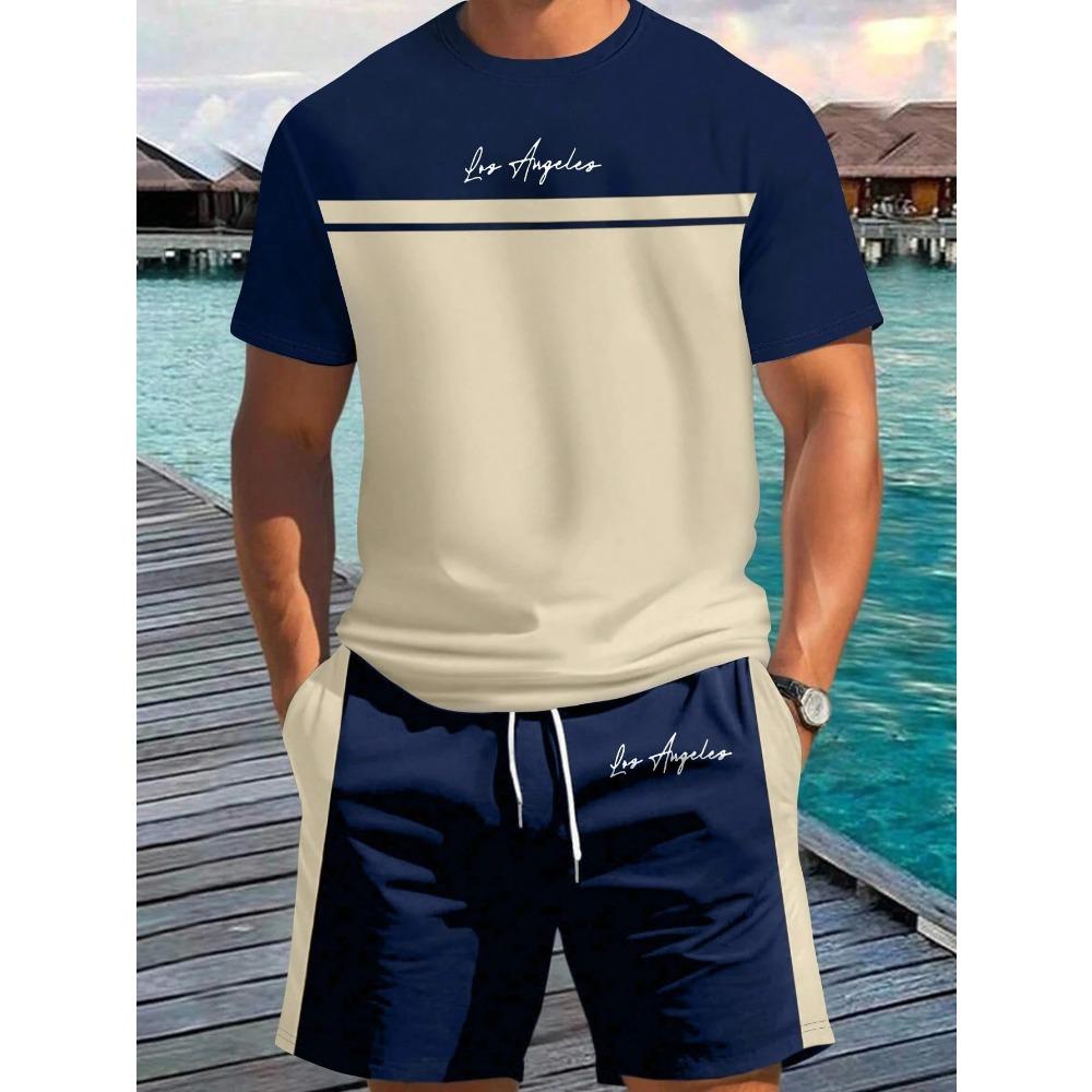 Summer New Arrival Men's Letter Print Short-Sleeve T-Shirt Stylish Mens Shorts Set Vacation Beach Casual T-Shirt Summer Top