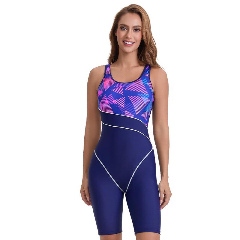 Women's Conservatively Color Block Swimsuit Slimming Sports Sleeveless Swimsuit