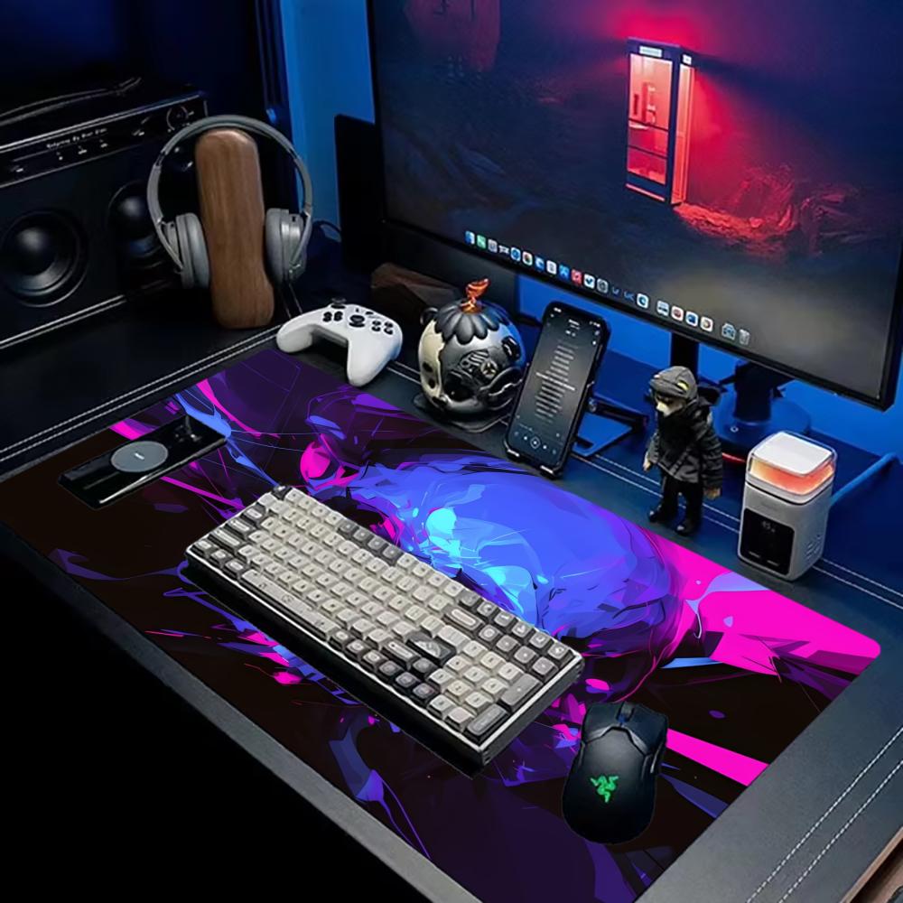 Großes XXL Neon Totenkopf Mauspads Cyberpunk Lila Gaming Mauspads Tastaturmatte Schreibtischmatte Rutschfeste Gummibasis für PC Gamer Büro