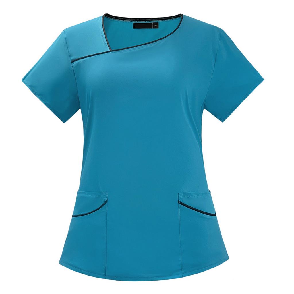 Women's Quick Drying Fabric Color Slanted Collar Pocket Short Sleeved Pants Set Workwear