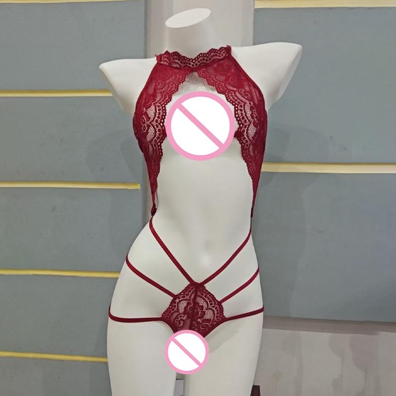 Sexy Lace Bodysuit Pure Desire Spicy Girl See through Hanging Neck Backless Lingerie Temptation Set Polyester Mesh Fabric