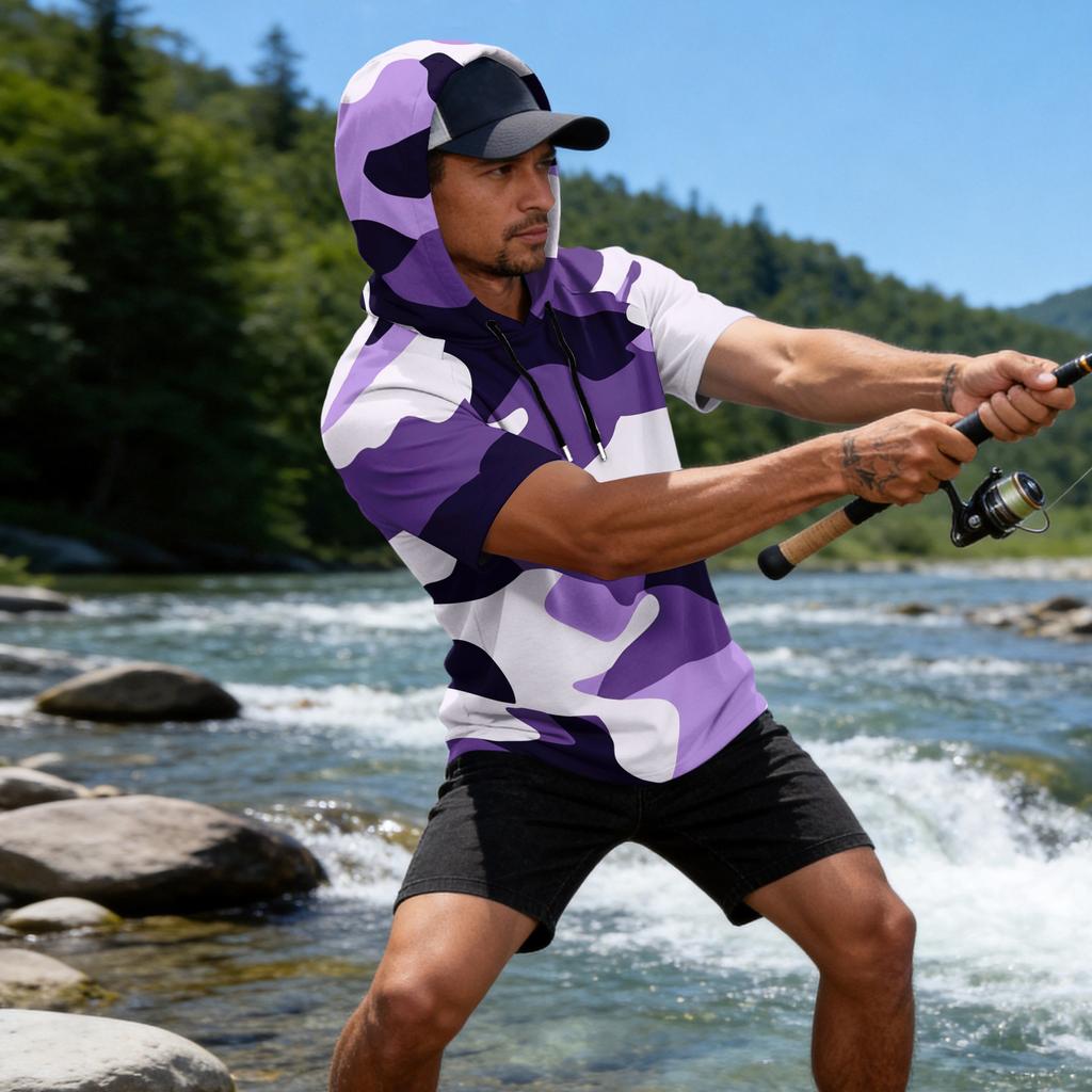 Sudadera con Capucha para Hombre Estampado de Camuflaje Manga Raglán Casual Pesca Deportiva Protección Solar Manga Corta Ligera Transpirable Camisa para Exteriores