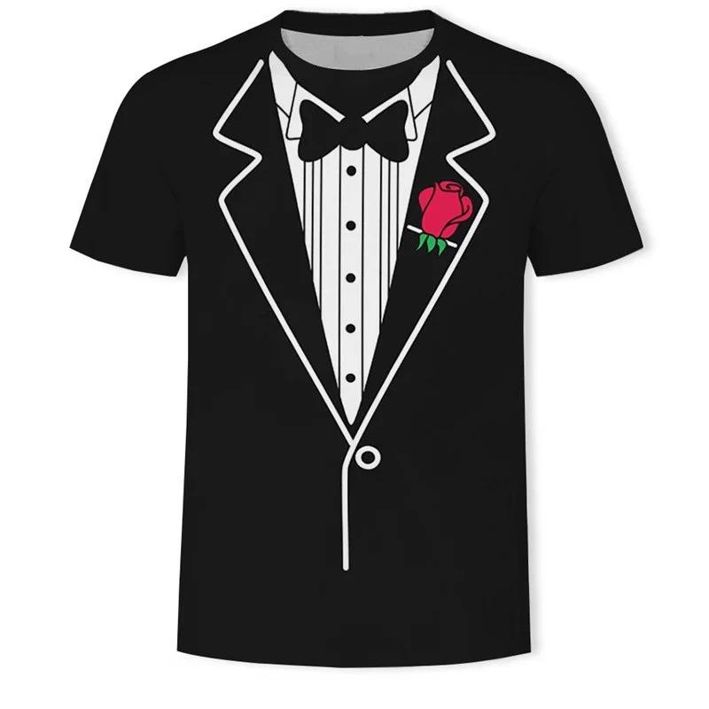 2026 Nuova Moda Estiva Versatile Divertente Finto Smoking Maglietta 3D Papillon Magliette Stampate 3D Uomo Streetwear Estivo