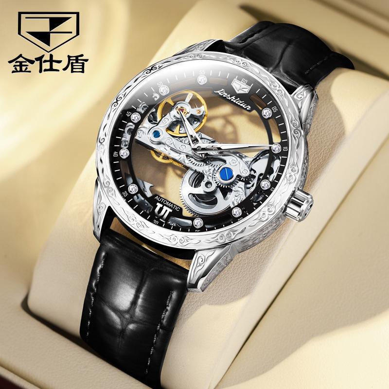 JINSHIDUN New Business and Leisure Men's Watch Fully Automatic Mechanical Watch Perspective Hollow Dial High-end Watch